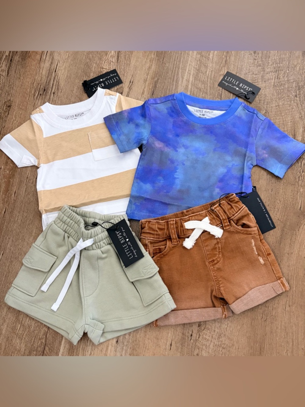 NWT Little Bipsy Bundle Blue Tie-Dye & Cream Stripe tee With Sage & Brown Shorts